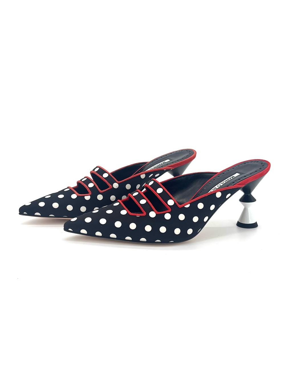 Manolo Blahnik Cciolo Polka Dot Pointed Toe Sculptural Heel Mule Pumps 36.5